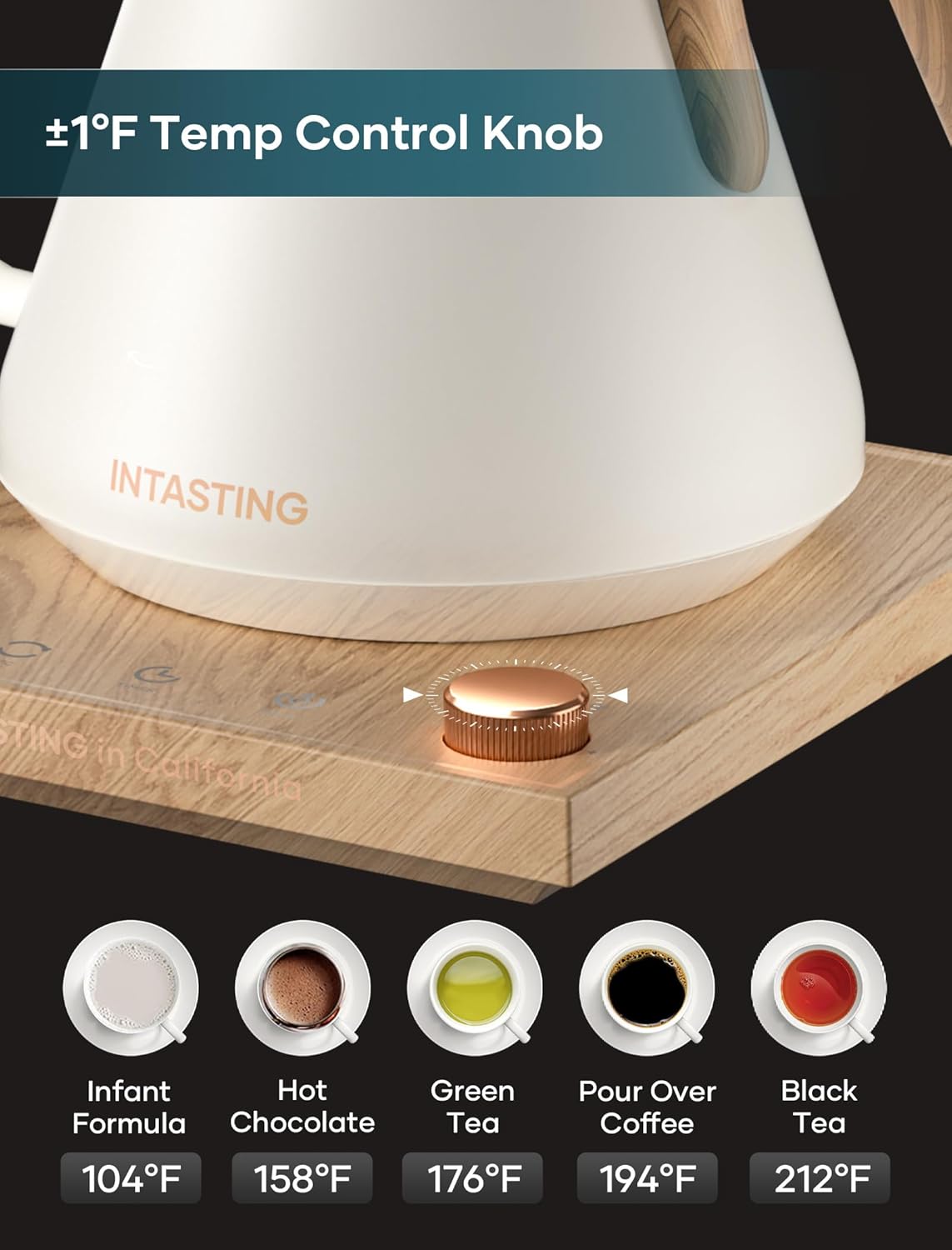 Electric Kettle, Gooseneck Electric Kettle, ±1℉ Precise Temperature Control, Stainless Steel Interior, Quick Heating for Pour Over Coffee, Tea & Boiling Water, 0.9L (Cream White & Wood)