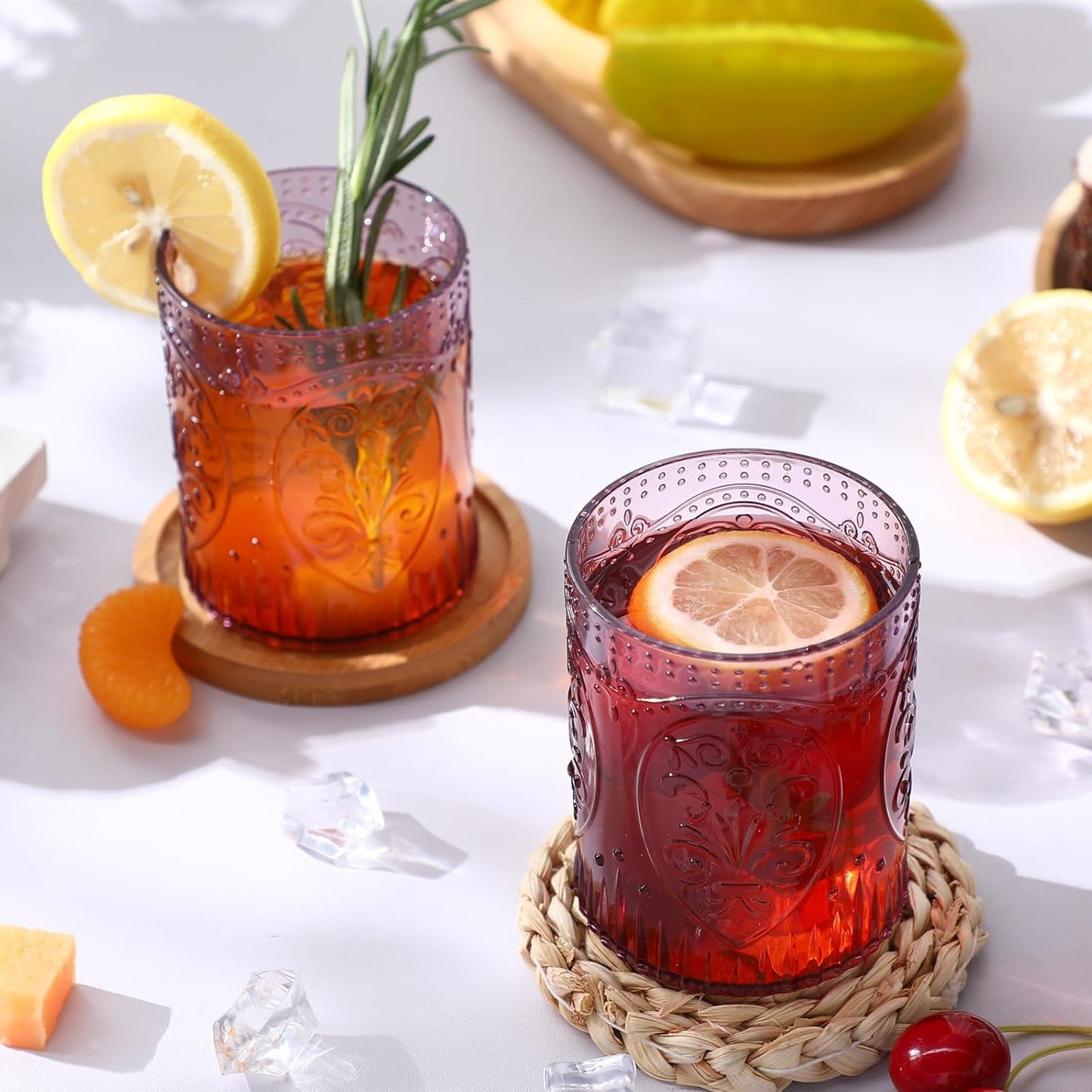 12 Plastic Vintage Drinking Glasses 8.5oz Stemless Retro Embossed Wine Glasses Shatterproof Reusable Cups for Baby Shower Wedding Reception Grand Event Party (Purple)