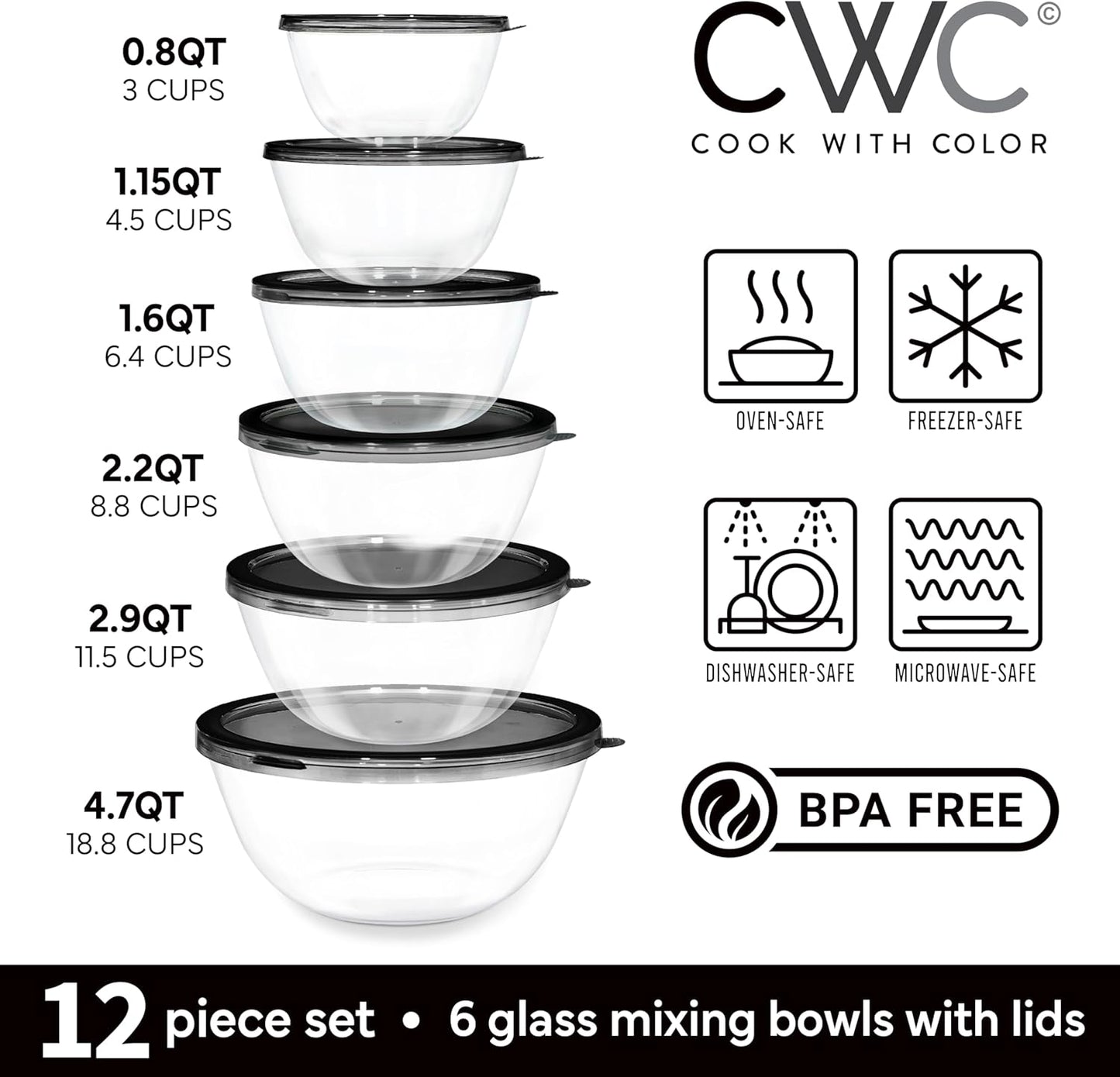 COOK WITH COLOR 12 Pc Glass Mixing Bowl Set with Lids – Borosilicate Glass Nesting Bowls for Cooking, Baking and Meal Prep, Black