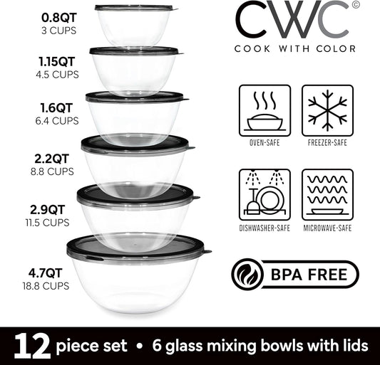 COOK WITH COLOR 12 Pc Glass Mixing Bowl Set with Lids – Borosilicate Glass Nesting Bowls for Cooking, Baking and Meal Prep, Black