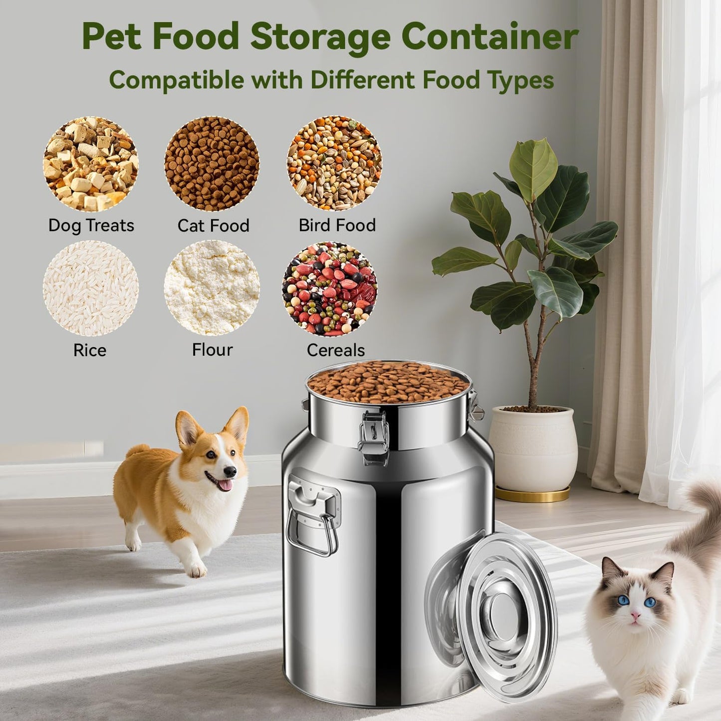 16lb Stainless Steel Dog Food Storage Container, Metal Pet Storage Container with Airtight Hangable Lid to Keep Food Fresh, Large Cat Food Storage Container with Scoop to Easily Clean