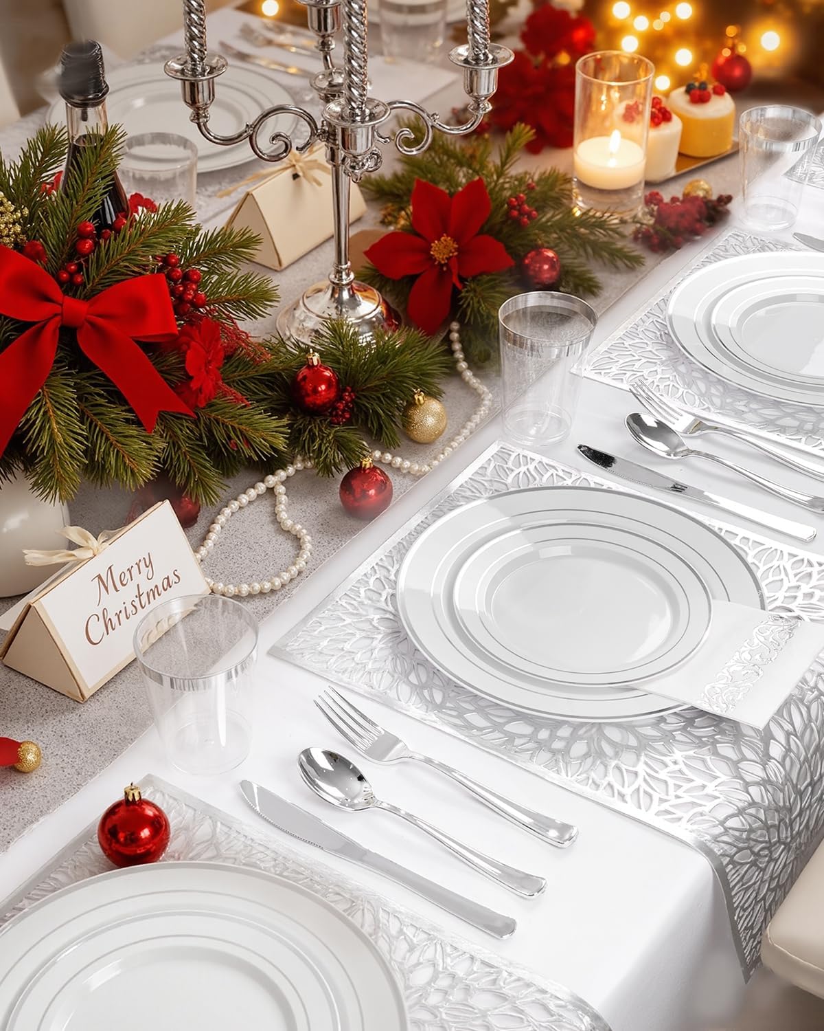 WDF 175PCS White and Silver Plastic Plates - Christmas Plastic Plates - 25Guests Silver Disposable Dinnerware Sets for Wedding/Birthday/Christmas