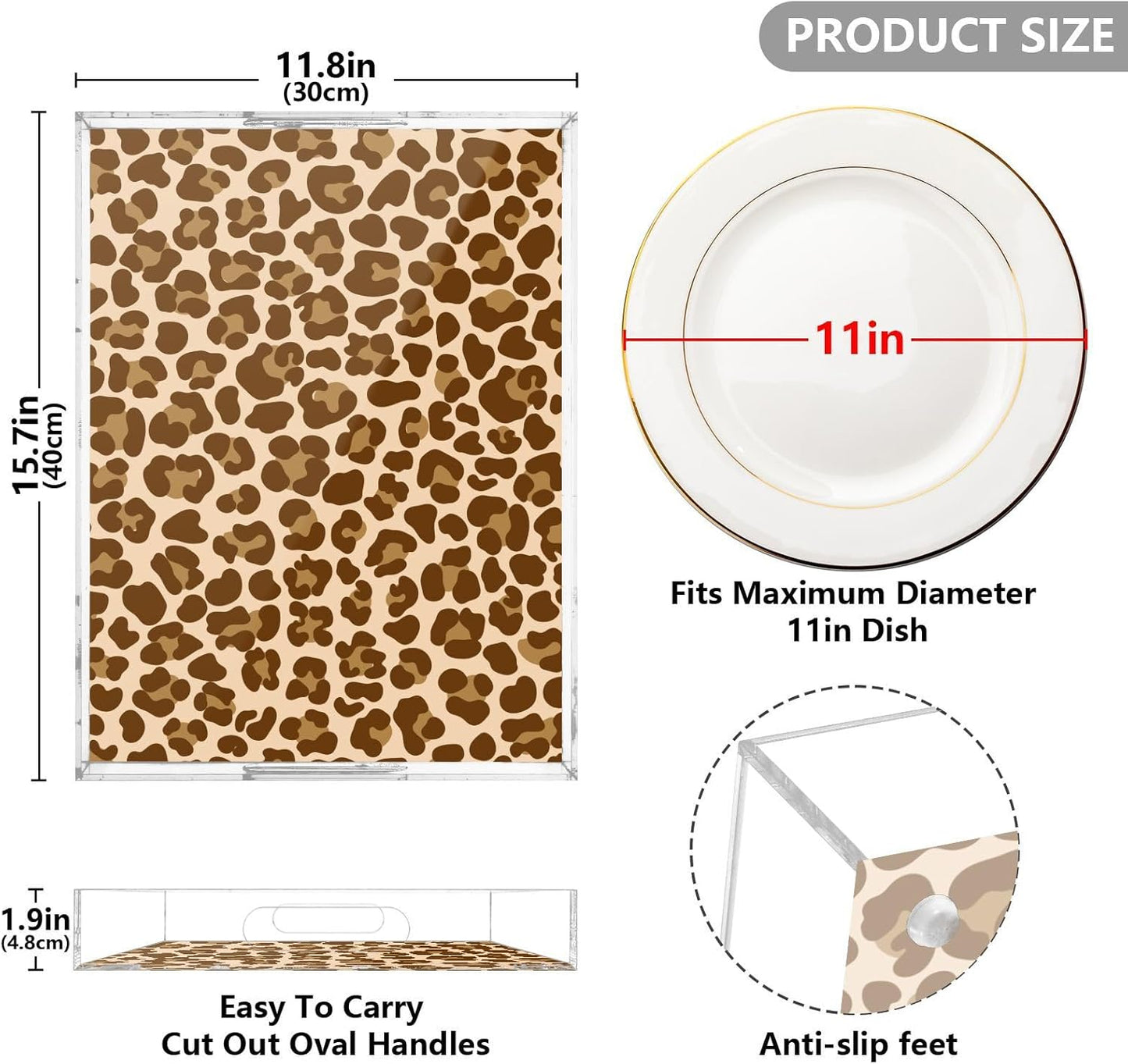 Acrylic Serving Tray with Handles Spill Proof Kitchen Storage Tray Clear Decorative Tray Makeup Drawer Organizer Storage Tray for Bathroom Living Room Ottoman 15.7x11.8Inches