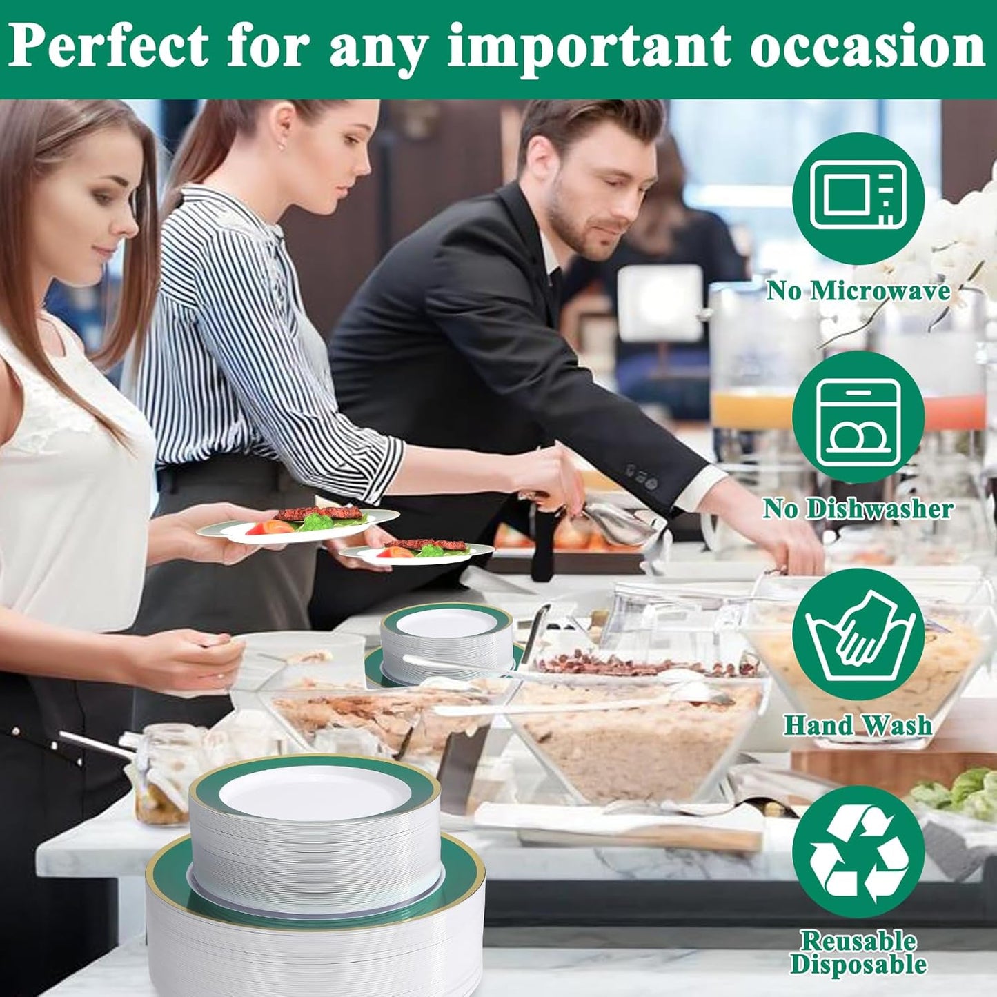 100Pack Plastic Plates Disposable Heavy Duty for Christmas Include 50PCS 10.25inch Dinner and 50PCS 7.5inch Dessert Plastic Plates for Party Wedding Birthday New Year,Green