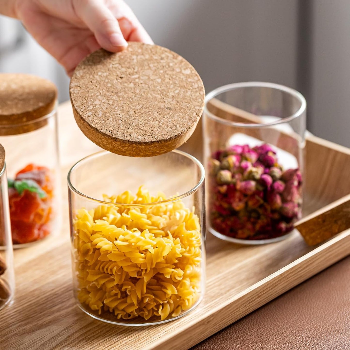 Airtight Glass Jars with Cork Lids - 2 Sizes Glass Storage Containers, Food Storage Jars for Coffee, Tea, Spices, Flour, Snacks, Cereal, Dry Goods - Clear Canisters for Countertop or Cabinet(4)