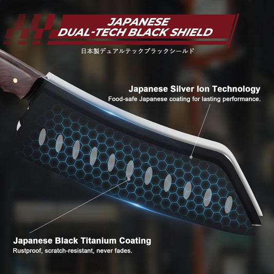 Santoku Knife 7 Inch - Japanese Chef Knife for Fish, Bunka Knife for Meat, Kiritsuke Knife for Vegetables, Black Slicing Knives with Full Tang Handle, Gift for Men Women