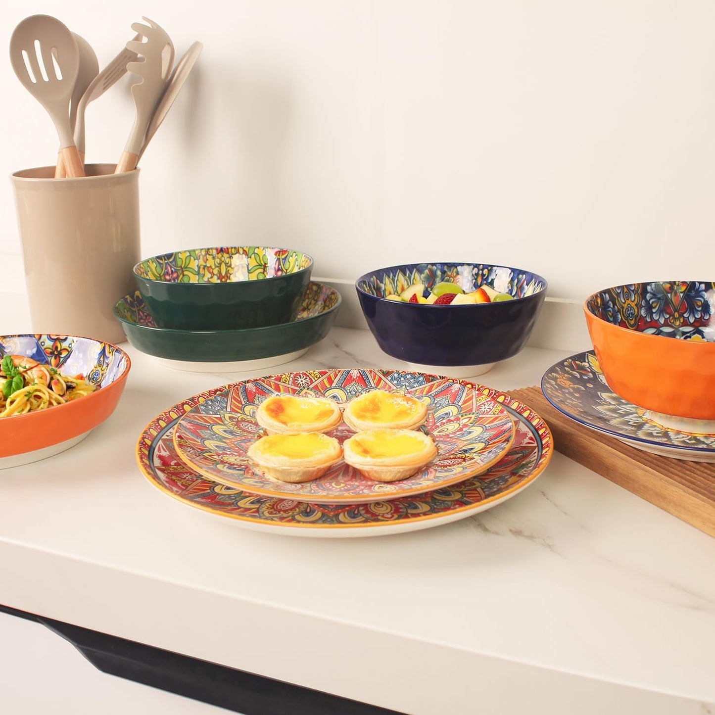 Mandala Dinnerware Sets, Plates and Bowls Set, Porcelain Dishes Service for 4, Zanzibar, Bohemian Style Dining Ware, for Kitchen and Dining Multicolor Dinnerware Set, Colorful No.2