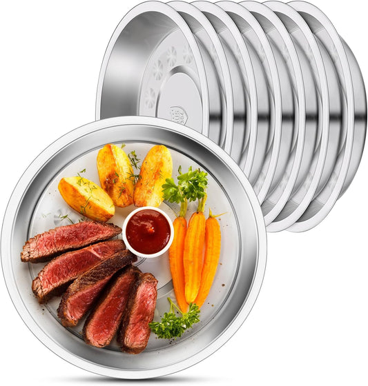 8 Patterned Deep Stainless Steel Plates, 7.8 inch 304(18/8) Metal Camping Plate, Reusable Food Serving Snack Eating Dishes Round Shatterproof Silver BBQ Dinner Dinnerware Oven Dishwasher Safe