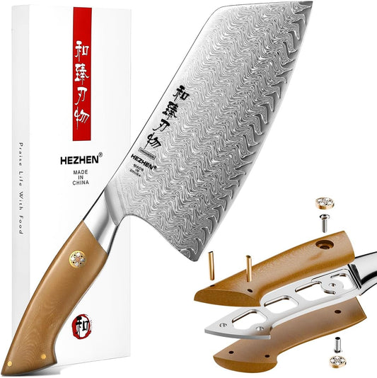HEZHEN Damascus Meat Cleaver Knife, 7.5 Inches, 67 Layers Damascus Steel Vegetable Cleaver, Professional Butcher Knife for Meat Cutting, Ultra-sharp Blade with Linen Micarta Handle, Gift Packing