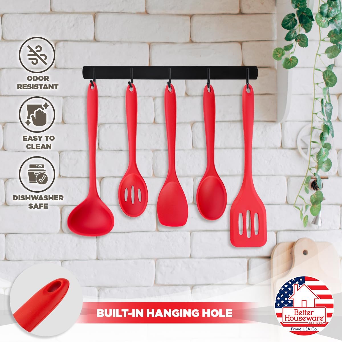 Better Houseware Silicone Cooking Utensil Set - 5 Piece Red Silicone Kitchen Utensils - Stain & Odor Resistant, Heat Resistant, Dishwasher Safe