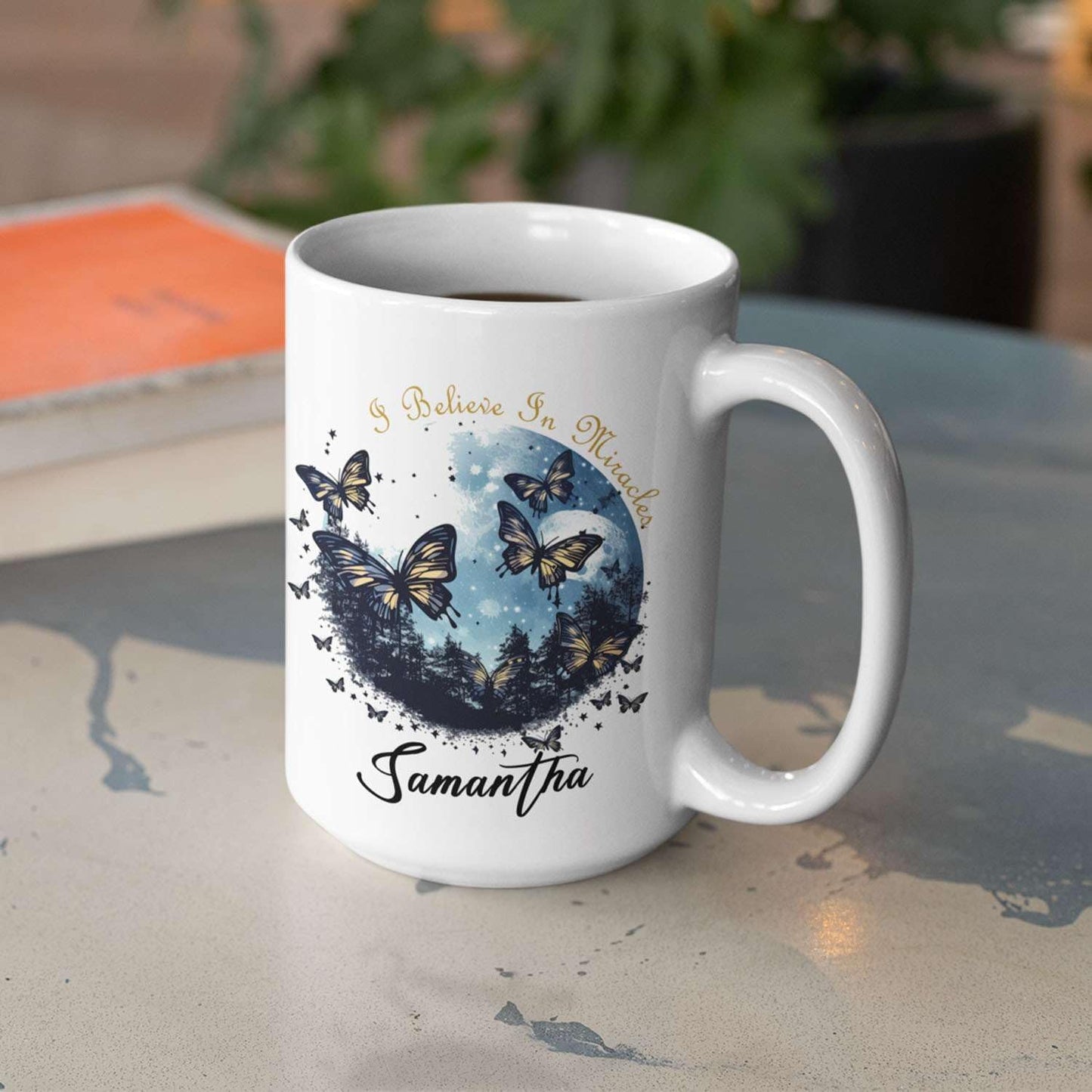 Customized Awesome I Believe In Miracles Tea Cups, Personalized Name On Colorful Butterfly Coffee Mug For Birthday, Custom Unique Ceramic Cup Gift For Animal Lovers 11oz 15oz