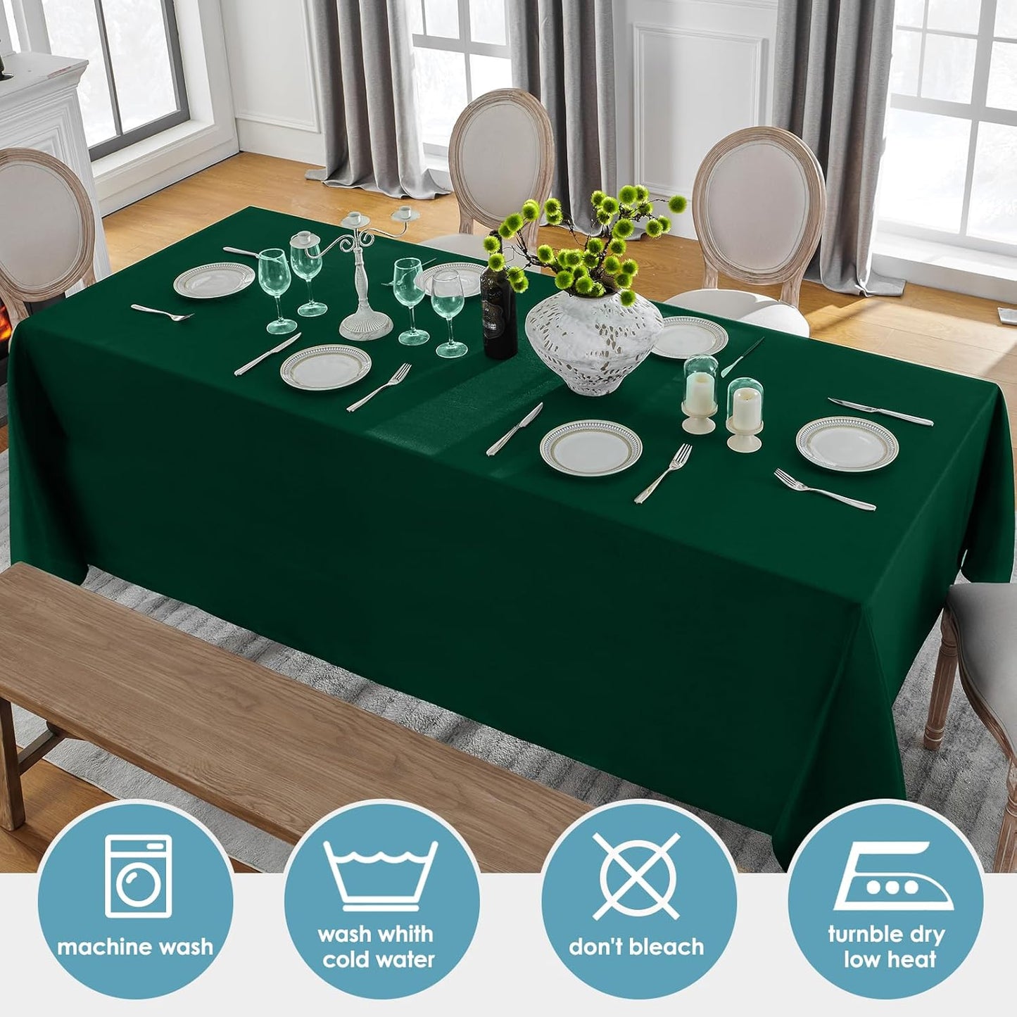 VidaFete 2 Pack 90 * 132inch Rectangle Table Cloth Polyester, Stain Wrinkle Resistant Polyester Dining Table Cover for Kitchen Dinning Party Wedding Rectangular Table Buffet Decoration(Green)