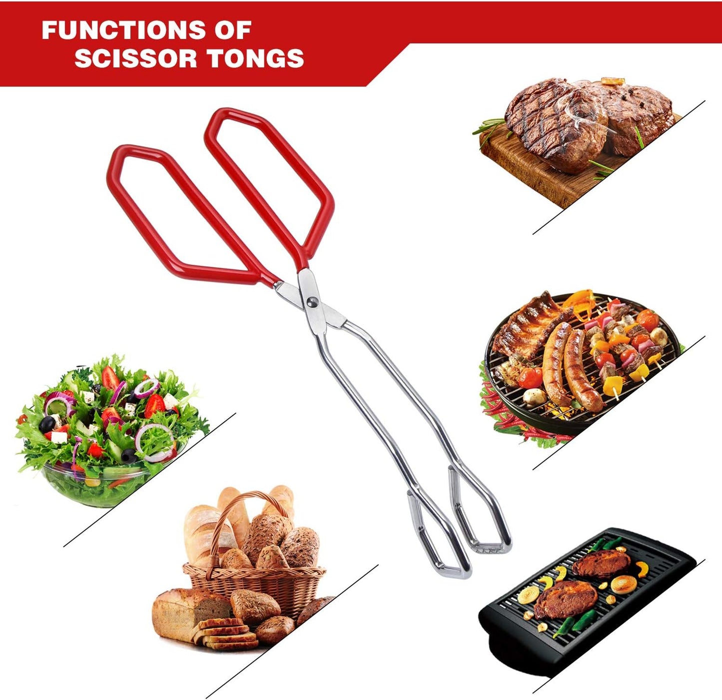 MSY BIGSUNNY Stainless Steel Scissor Tongs Heavy Duty Cooking Tongs with Soft Handles (1, red 11")
