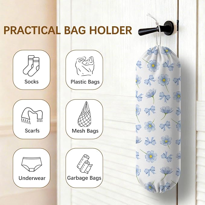 Plastic Bag Holder Dispenser, Plastic Grocery Bag Organizer & Wall Mount Paper Trash Bags Saver Storage for Kitchen Home Pantry Decor - Blue Floral Shopping Bags Storage Dispenser