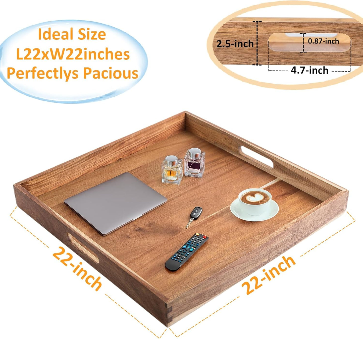 Large Trays for Ottoman Wooden Square Ottoman Tray 22 Inch Serving Tray with Handles Acacia Wood Tray for Living Room Wooden Trays with 4PCS Wood Coasters