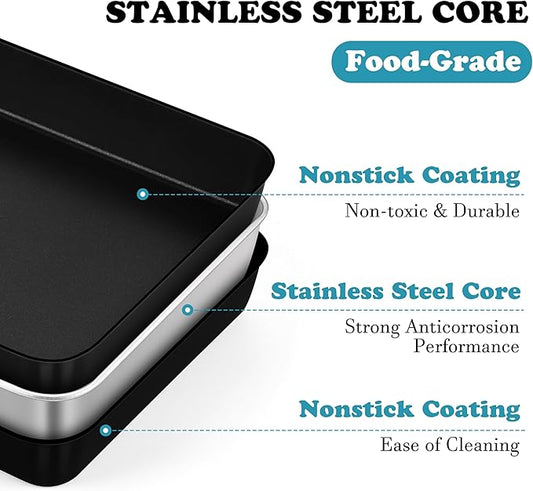 E-far Small Baking Pan with Lid, 10.4 x 8 Inch Nonstick Stainless Steel Rectangle Cake Pan with Cover for Baking Brownies Lasagna, Stainless Steel Core & Nonstick Coating, Non-toxic & Oven Safe