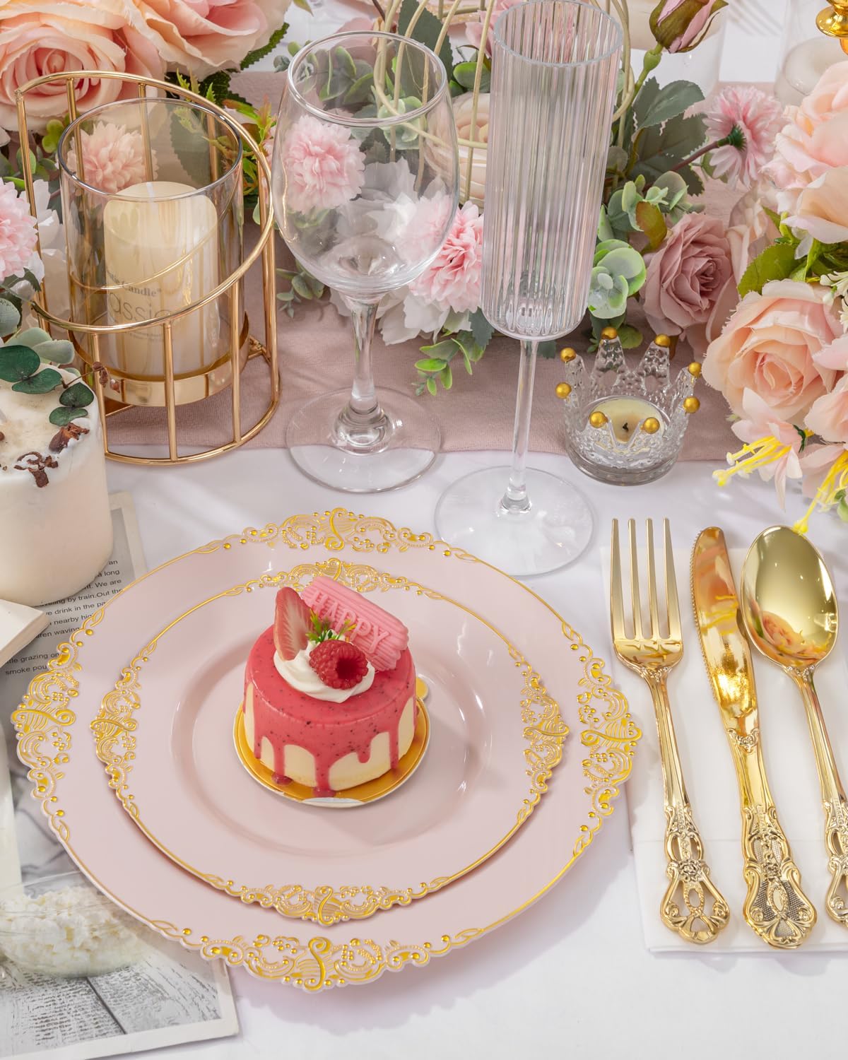 200PCS Pink and Gold Plates - Pink Plastic Plates - Fancy Disposable Plate with Gold Rim - Vintage Wedding Dinner & Dessert Plate for 100 Guests for Wedding & Party & Bridal Shower
