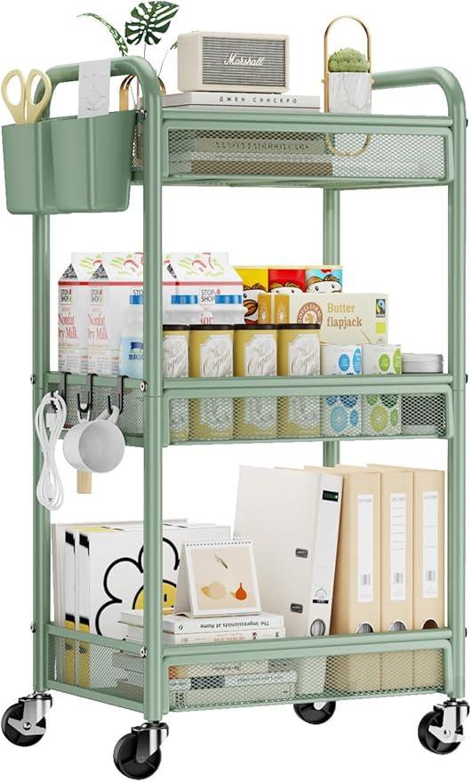 YASONIC 3 Tier Rolling Cart – Metal Utility Storage Carts with Wheels, Craft Carts Organizer with Hanging Cups, Hooks, Mesh Basket for Bedside Kitchen Office Art, Green