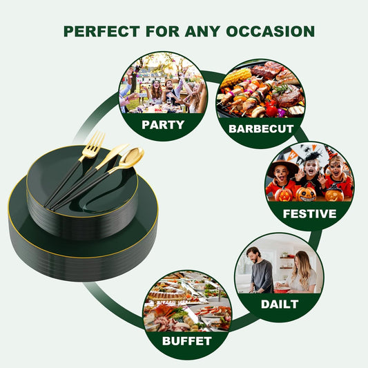 Liacere 150PCS Green Plastic Plates - Gold Plastic Silverware with Green Handle - Heavy Duty Fancy Plastic Plates Disposable Include 30 Guests Plates, Forks, Spoons, Knives for wedding＆Christmas
