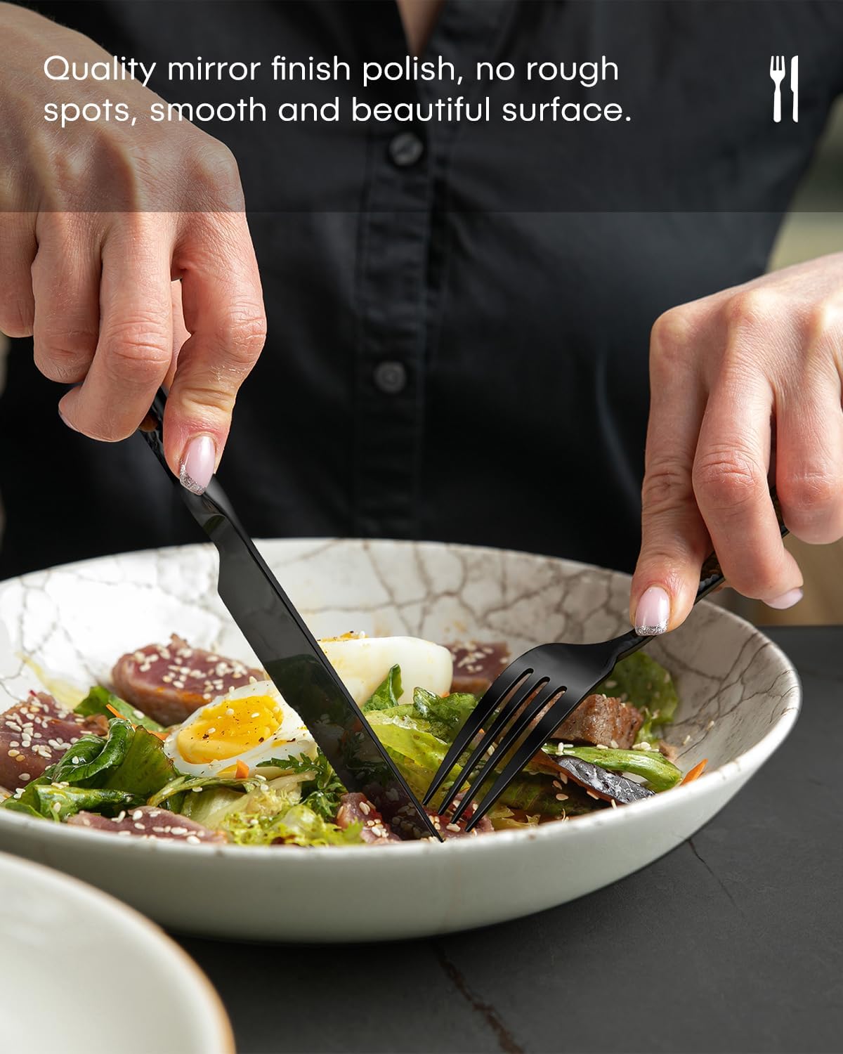 Hammered Silverware Set, Ollex 60-Piece Black Flatware Set for 12 Mirror Finish Stainless Steel Eating Utensils Sets Include Forks Spoons and Knives Tableware Kitchen Cutlery Sets, Dishwasher Safe