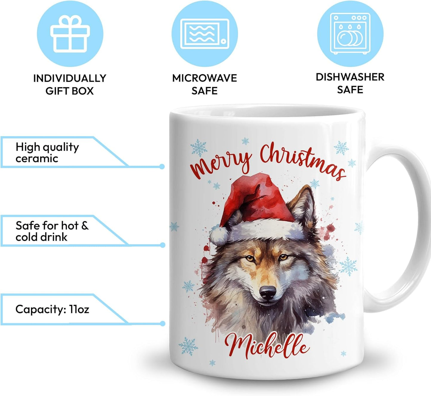 Hyturtle Personalized Gifts Wolf Lover - Wolf Wearing Santa Hat Custom Name Ceramic Coffee Mug Cup 11oz - Cute Animal Lovers Gifts For Women, Girl kids Family On Birthday, Christmas