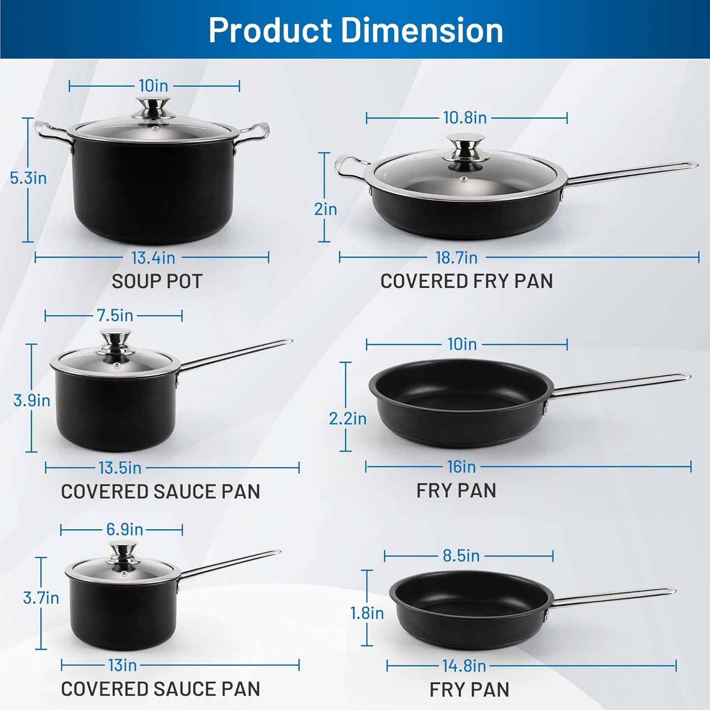 Stainless Steel pots and pans set, 10 Piece Nonstick Kitchen Induction Cookware Set,Works with Induction/Electric and Gas Cooktops, Nonstick, Dishwasher, Black