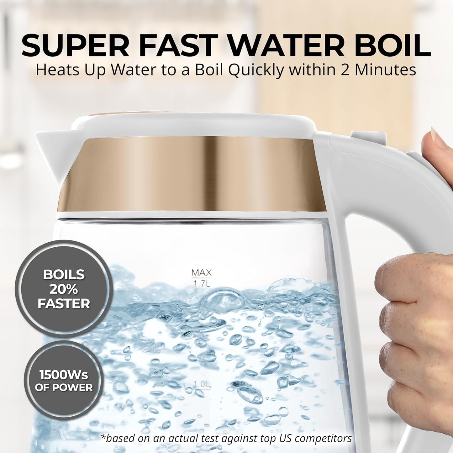 Zulay Kitchen Fast Boiling Electric Water Kettle - 1.7L, 1500W, Auto Shut-Off for Overboil & Boil Dry Protection, Cool-Touch Handle, 360° Base - Rapid Teapot Boiler For Coffee & Tea - White Copper