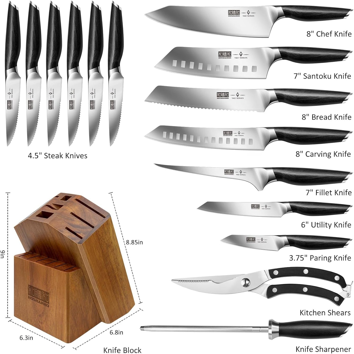 HOSHANHO 16-Piece Kitchen Knife Set with Block, Powder Steel High Carbon Steel Knife Block Set, Ultra Sharp Professional Chef Knife Set with Sharpener
