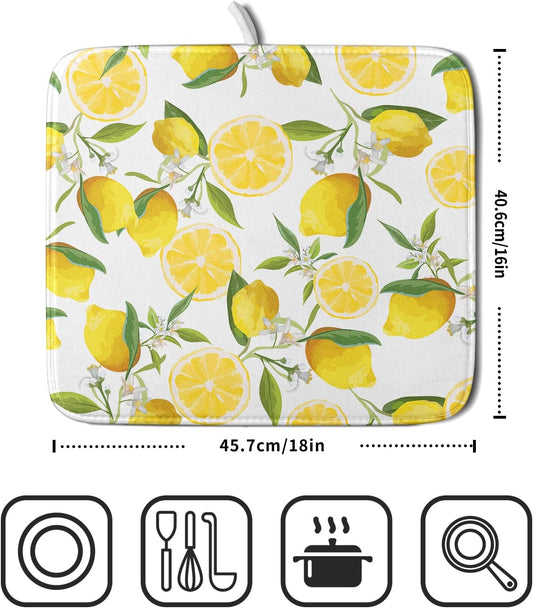Lemon Dish Drying Mats for Kitchen Counter 16×18 Inch Watercolor Lemon Small Microfiber Drying Mat Kitchen Accessories Dish Rack Mat Drainer Pad Washable Absorbent