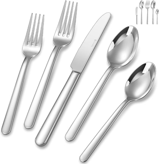 KEAWELL Premium Lucent Silverware Set, 20/45/65-Piece Mirror-Polished 18/10 Stainless Steel Flatware, Dishwasher Safe for Refined Dining and Entertaining (45, Silver)