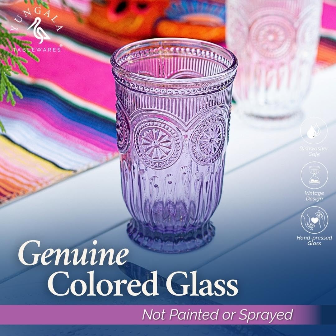 Yungala Purple Highball Glasses, set of 6 tall drinking glasses with unique vintage design and a deep purple hue. DISHWASHER SAFE glassware made from purple glass. Matching wine glasses available.