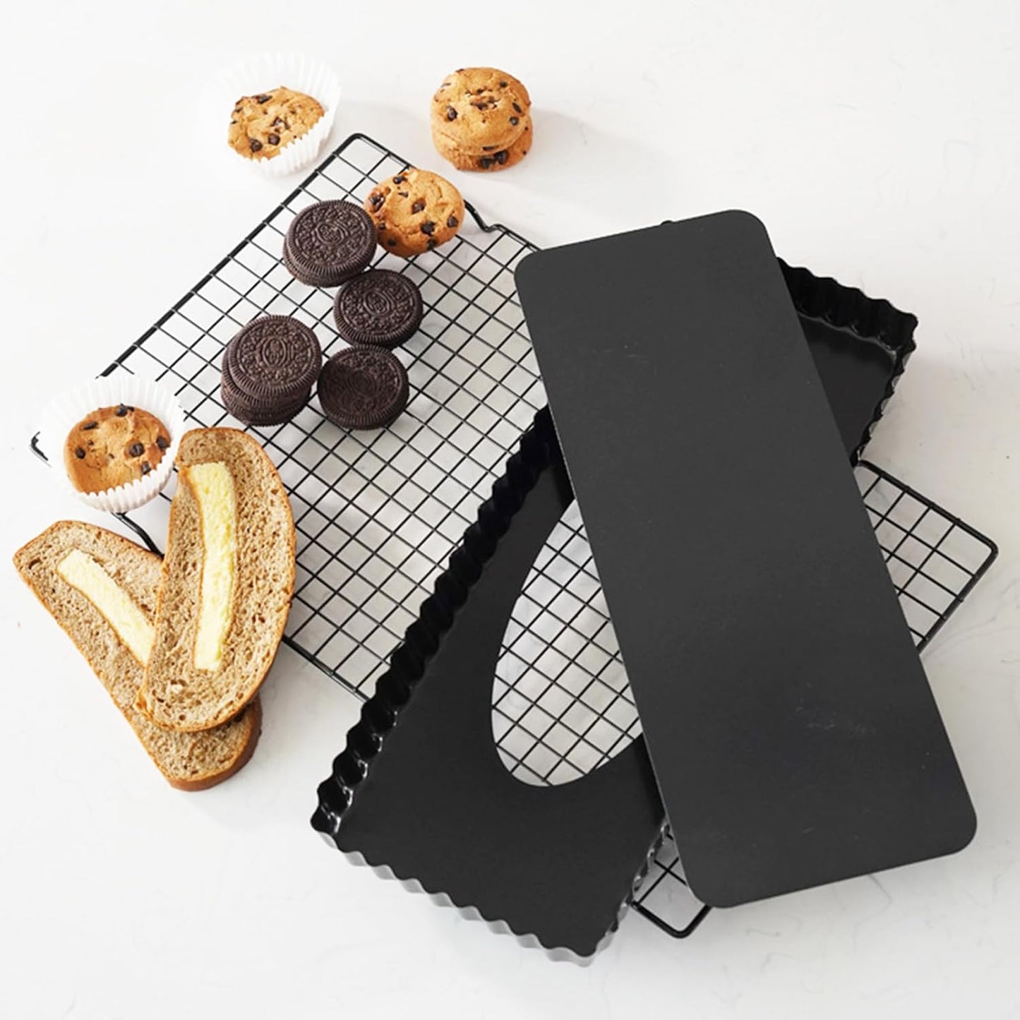 Tosnail 2 Pack 14" x 5.75" Non-Stick Quiche Pan Tart Pan with Removeable Bottom Rectangular Pie Baking Pan