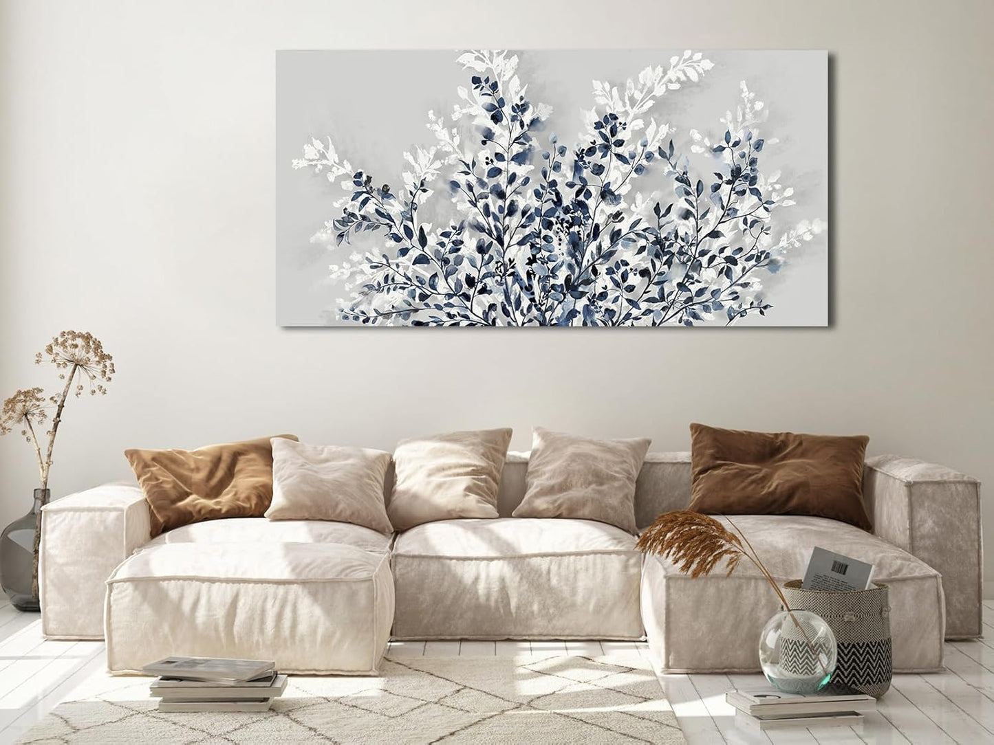 NINEASO Botanical Flowers Wall Art - Indigo Blue and White Floral Canvas Pictures Spring Blooming Painting Gray Background Printing Artwork Living Room Bedroom Home Office Wall Decor 29" x 58"