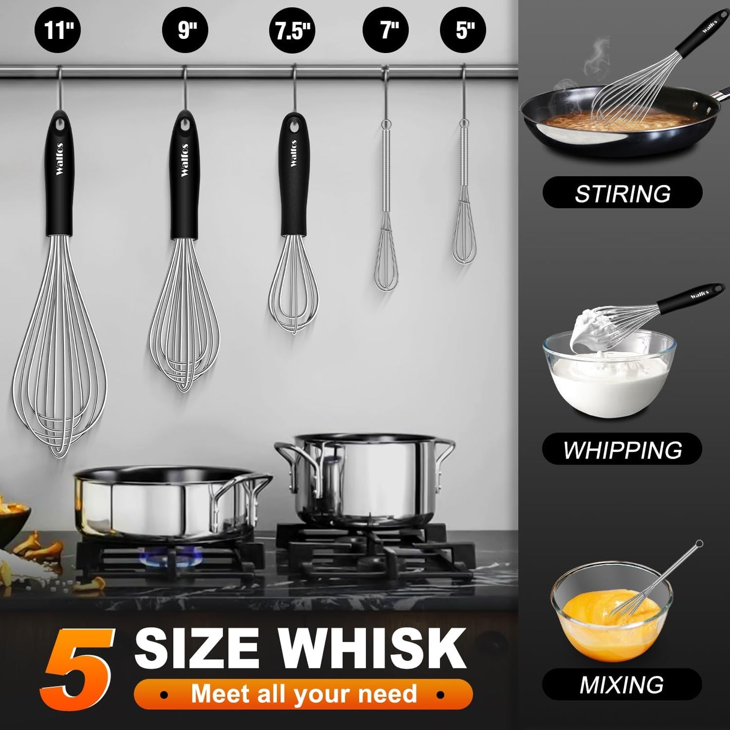 Stainless Steel Whisk Set with 7"+5" Mini whisks, Walfos Heavy Duty Whisks, Kitchen wisk (7+9+11in) Premium for Whisking, Blending, Beating, Frothing & Stirring.
