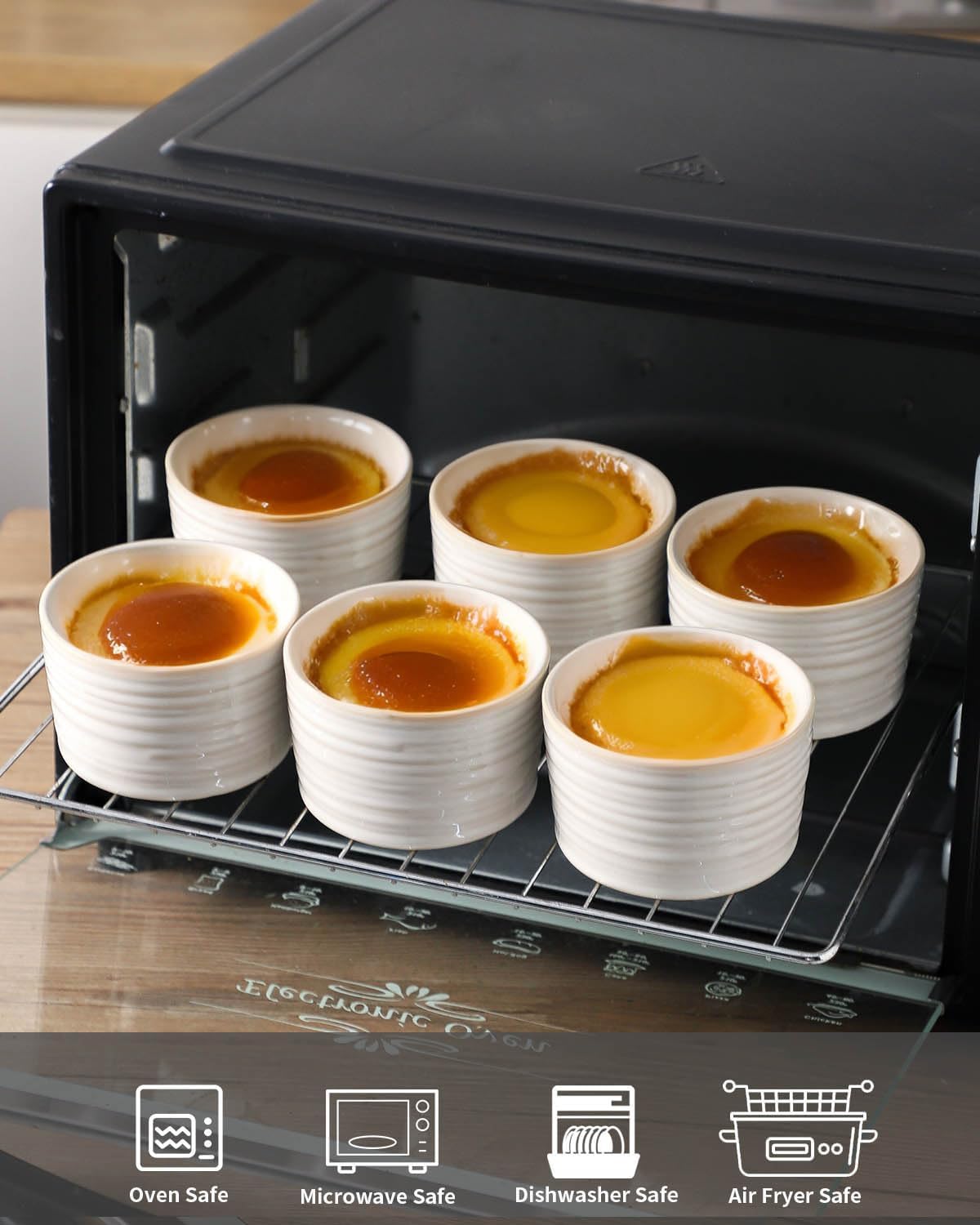 Hasense Ramekins 8 oz Oven Safe for Creme Brulee, Ceramic Souffle Dish Set of 6,Porcelain Dipping Sauce Bowls for Pudding, Souffle, Serving Dip, Custard, Ice Cream, Clay-Infused White
