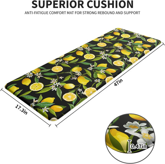 Lemon Kitchen Mats for Floor - Anti Fatigue Mats for Kitchen Floor, Cushioned Non-Skid Washable Memory Foam Rug for Office, Sink, Laundry (17.3"×47"×0.47") Black