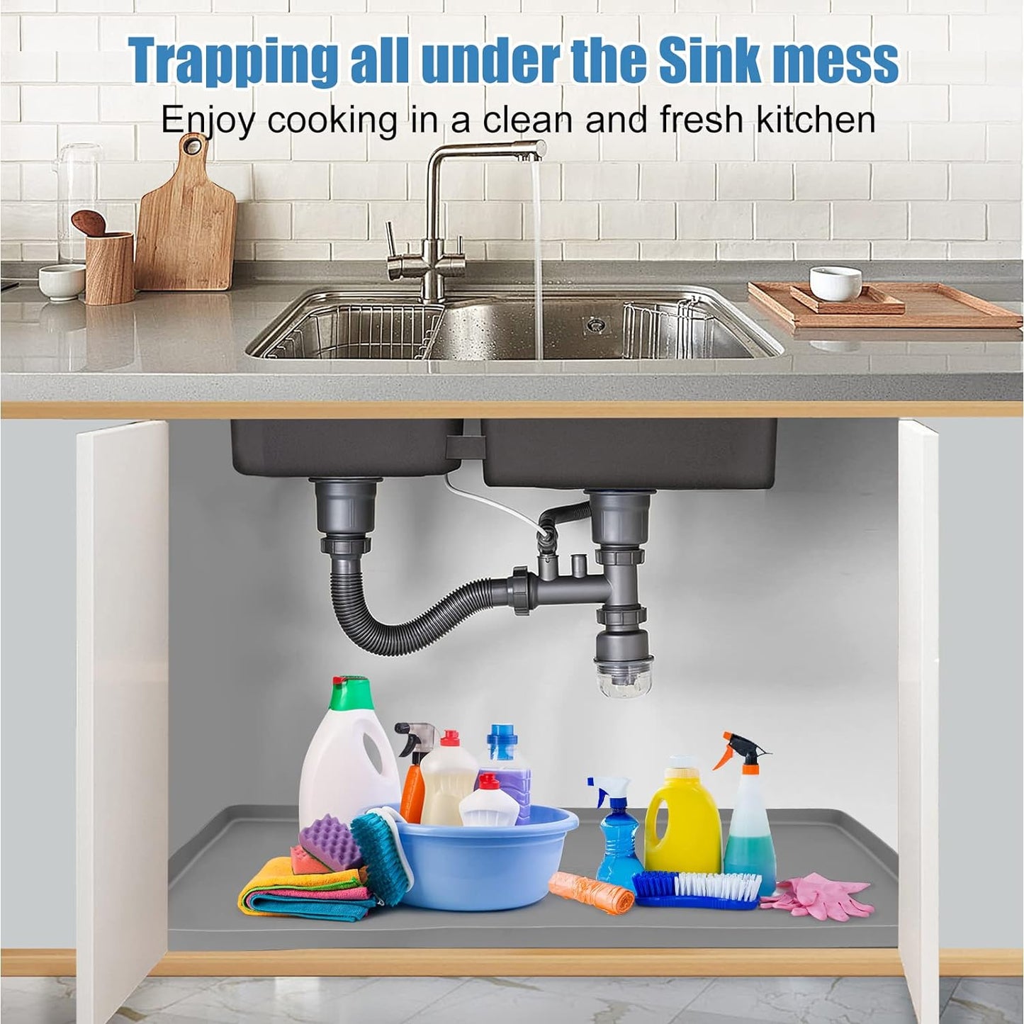 Under Sink Mat for Kitchen Waterproof, 22" x 19" Silicone Under Sink Liner Kitchen & Bathroom Cabinet Protector Mats, Heavy Duty Flexible Under Sink Drip Tray with Lip, Cool Grey