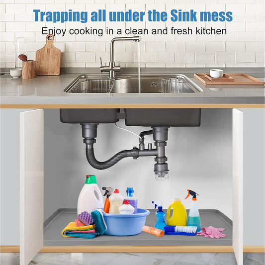 Under Sink Mat for Kitchen Waterproof, 22" x 19" Silicone Under Sink Liner Kitchen & Bathroom Cabinet Protector Mats, Heavy Duty Flexible Under Sink Drip Tray with Lip, Cool Grey