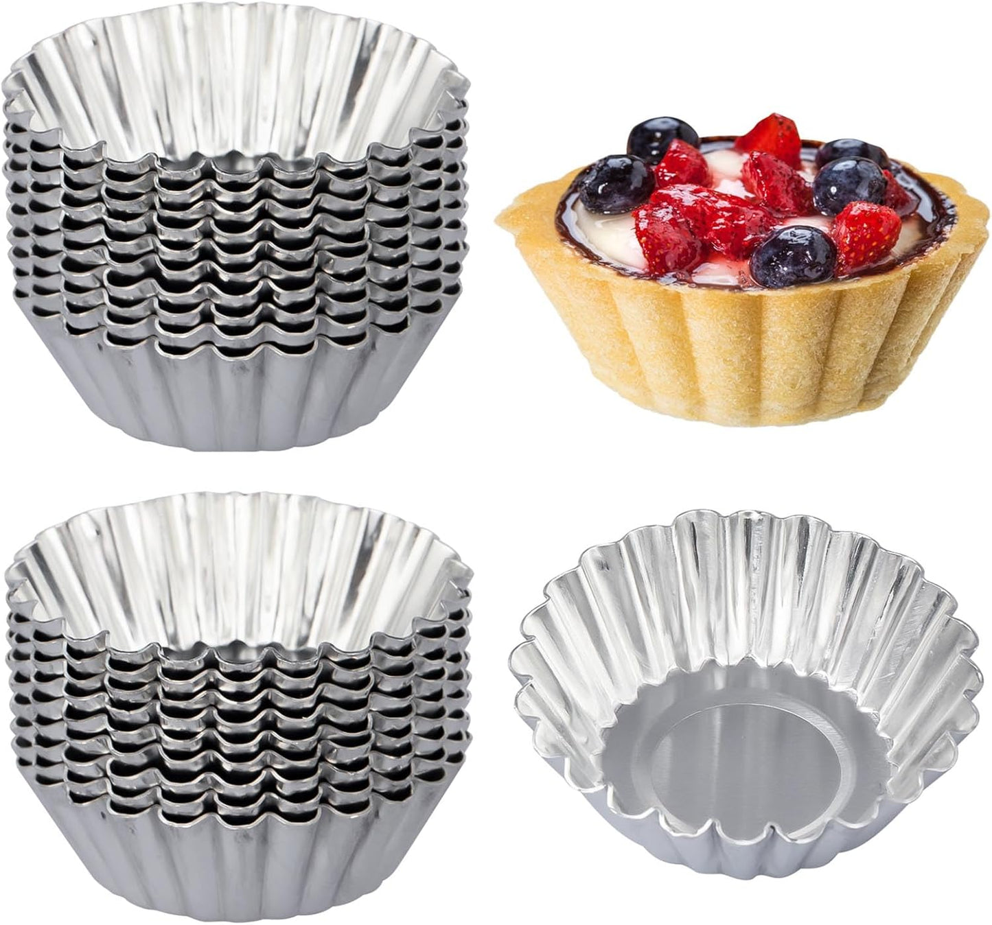 50 Pcs Egg Tart Molds, 2.4in Mini Tart Pan Reusable Aluminum Muffin Cupcake Mold Metal Pie Tins Flower Shape Baking Cups, M