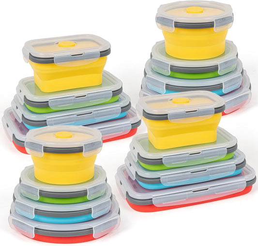 Collapsible Silicone Food Storage Containers Set with Lid & Air Vent, Foldable Lunch Containers, 16 Pack (8 Rectangular + 8 Round Bowls), BPA-Free, Space-Saving
