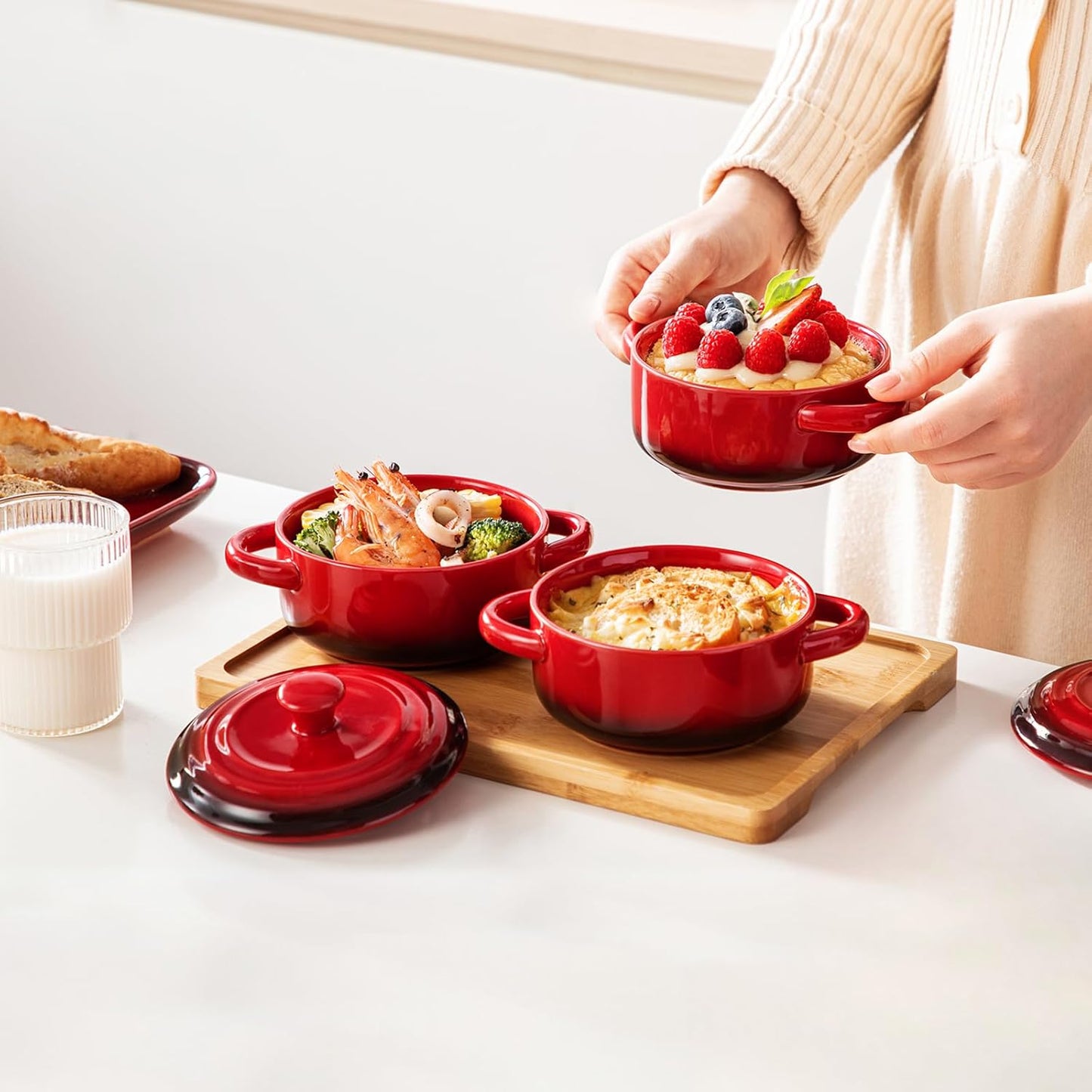 LOVECASA Mini Cocotte Set,12 OZ Small Casserole Dishes with Lids, Soup Bowls With Handles,Individual Baking Ramekins,Oven, Microwave & Dishwasher Safe,Set of 4,Red
