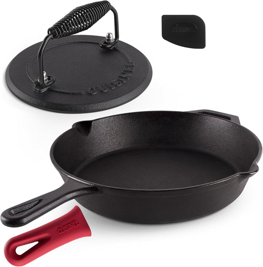 Cast Iron Skillet + Grill Press + Scraper Set - 12"-inch Pre-Seasoned Frying Pan + Silicone Handle Grip - 7" Round Burger Smasher - Indoor/Outdoor, Stove, Oven, Grill, Induction Kitchen Cookware