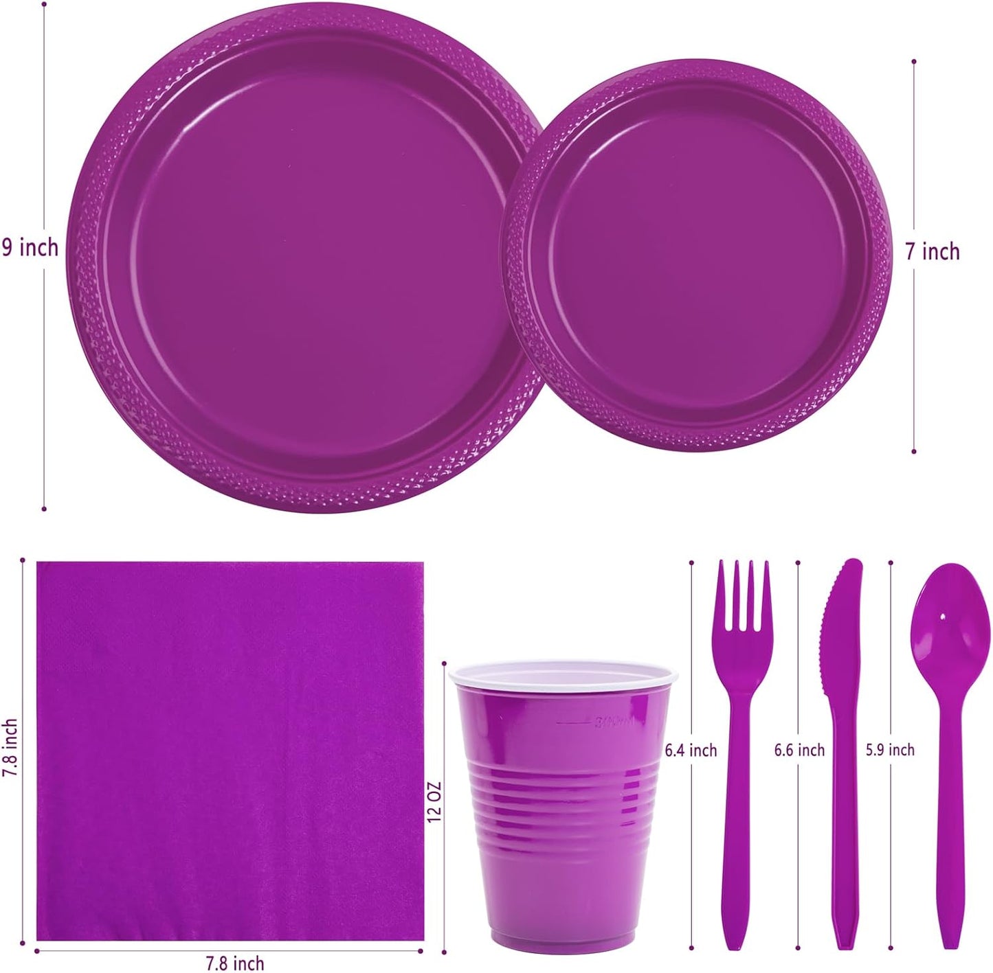 WELLIFE 210Pcs Purple Plastic Dinnerware Set, Party Supplies Including Party Plates and Cups and Napkins Sets for 30 Guests, Purple Plastic Plates