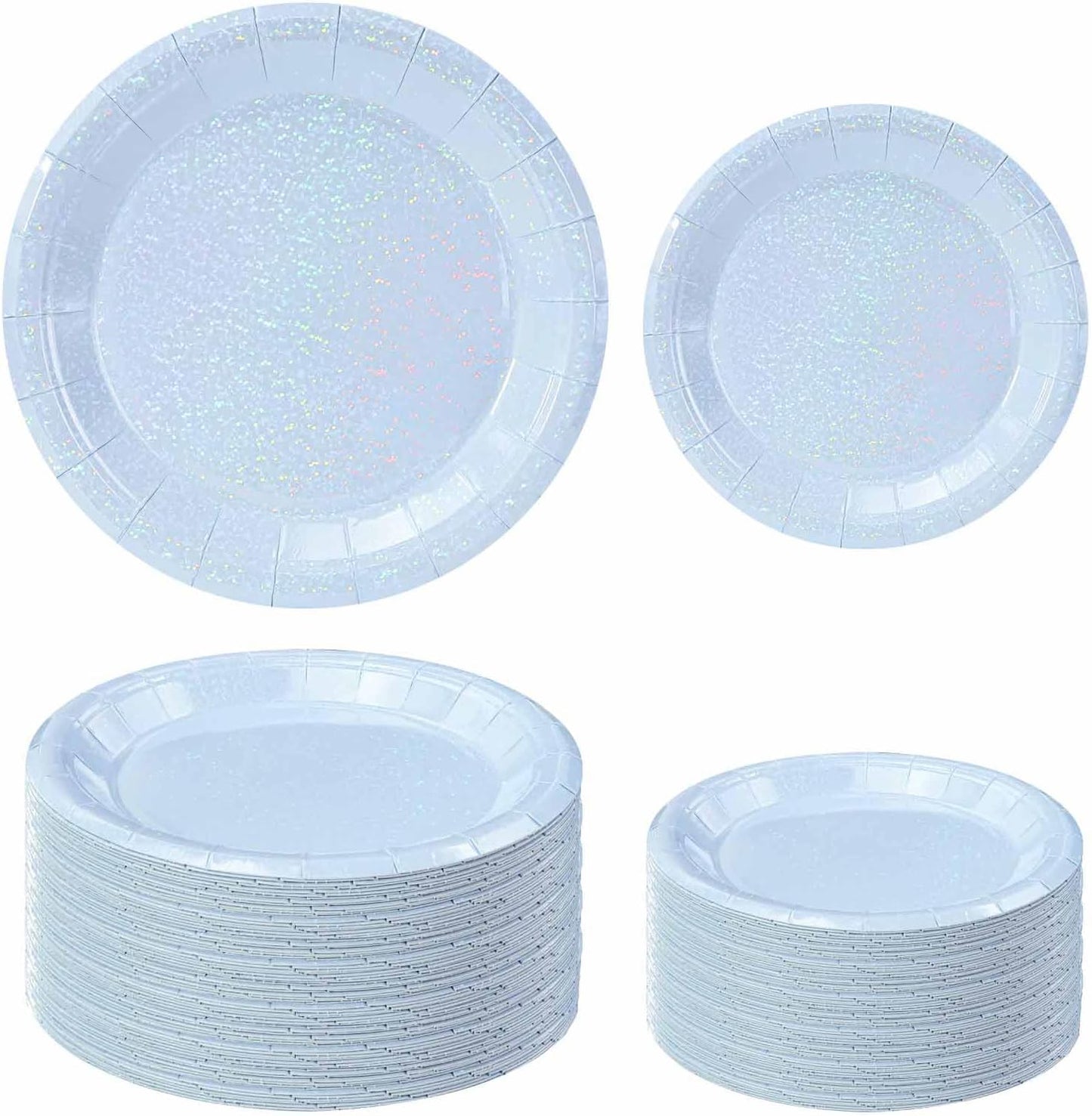 50 Pcs Iridescent Light Blue Paper Plates 25 × 7'' and 25 × 9'' Disposable Blue Shiny Holographic Foil Dinner Plates for Wedding Baby Shower Birthday Disco Party Glitter Dessert Plate