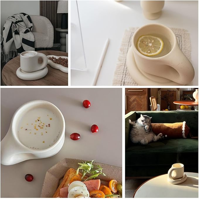 WENSHUO Chubby Funny Coffee Mug, Novelty Cute Cup and Saucer, Matte Crème, 9 oz (Matte Crème)