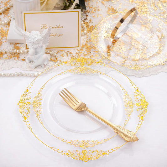 Nervure 175PCS Clear Gold Plastic Plates - Disposable Gold Party Plates & Pre Rolled Napkins with Cutlery for 25 Guests, 50Plates, 75Silverware, 25Cups, 25Napkin for Wedding & Party & Thanksgiving