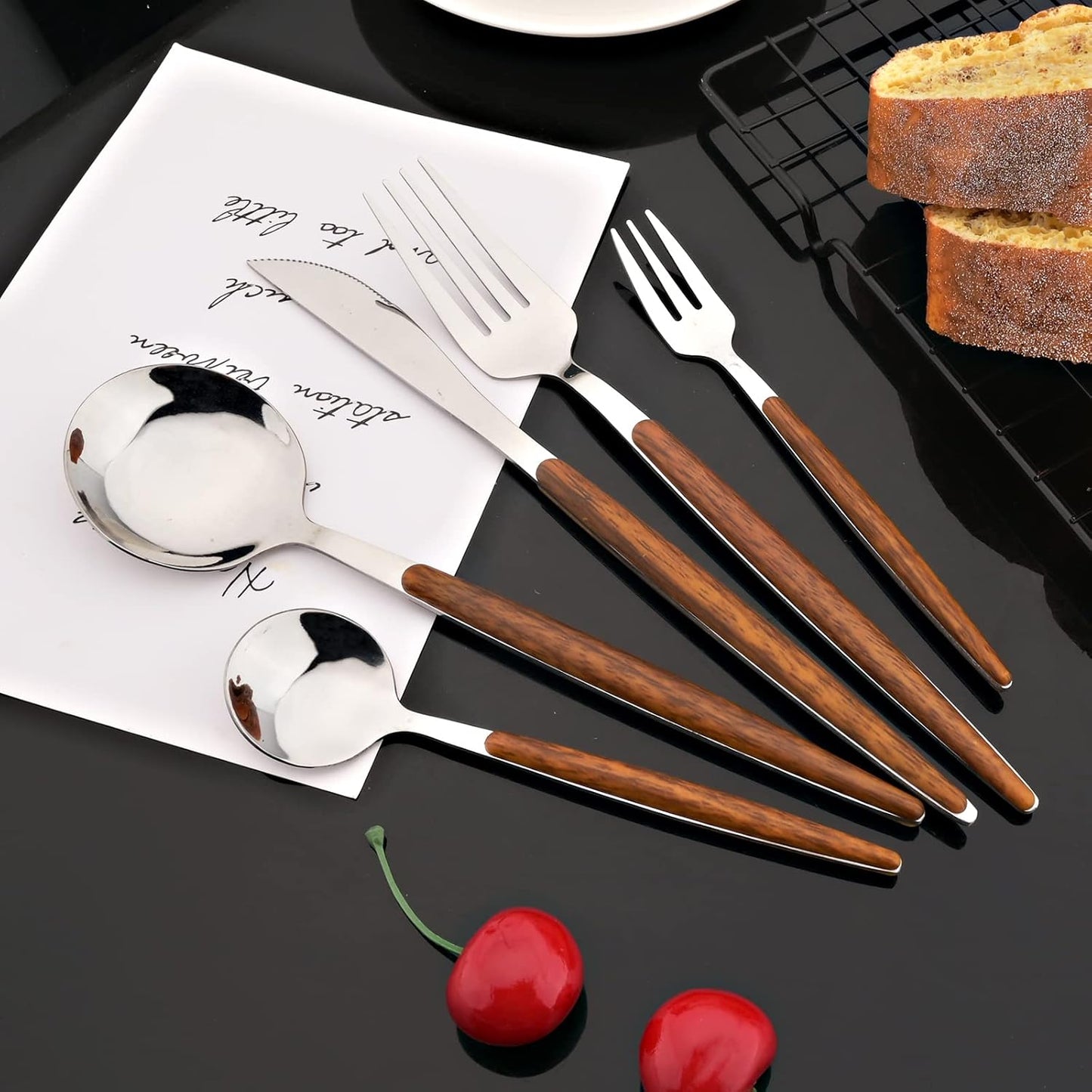 JASHII Wood Handle Flatware Set, 20 Pieces Stainless Steel Silverware Cutlery Set, Mirror Polished, Knife Fork Spoon Set, Dishwasher Safe - Pointed Head Silver