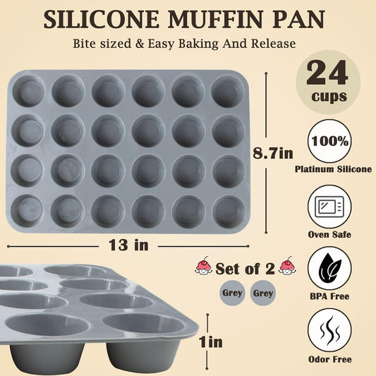 24 Cups Silicone Mini Muffin Pan Set, Nonstick Mini Cupcake Pans, BPA Free Small Muffin Tin for Baking, Set of 2 (Grey+Grey)