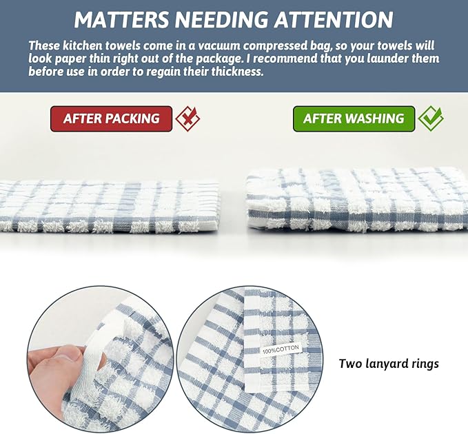 Nialnant 8 Pack Kitchen Towels and Dishcloths Sets,100% Cotton Soft Absorbent Quick Drying Dish Towels for Kitchen,Washing Dishes-Little Blue Plaid,12 x 12 in