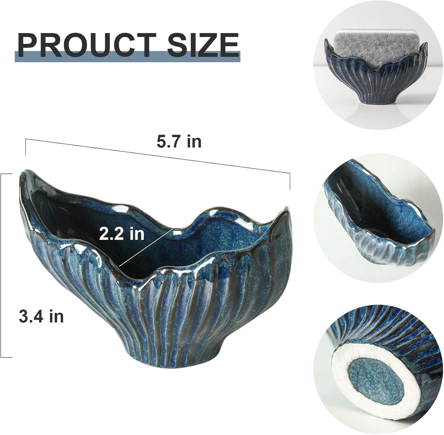 Sponge Holder for Kitchen Sink, Ceramic Sponge Holder with Fishtail Design, Sink Sponge Holder Caddy Organizer for Countertop, Farmhouse Kitchen Decor, Compact Kitchen Sponge Holder(Blue)